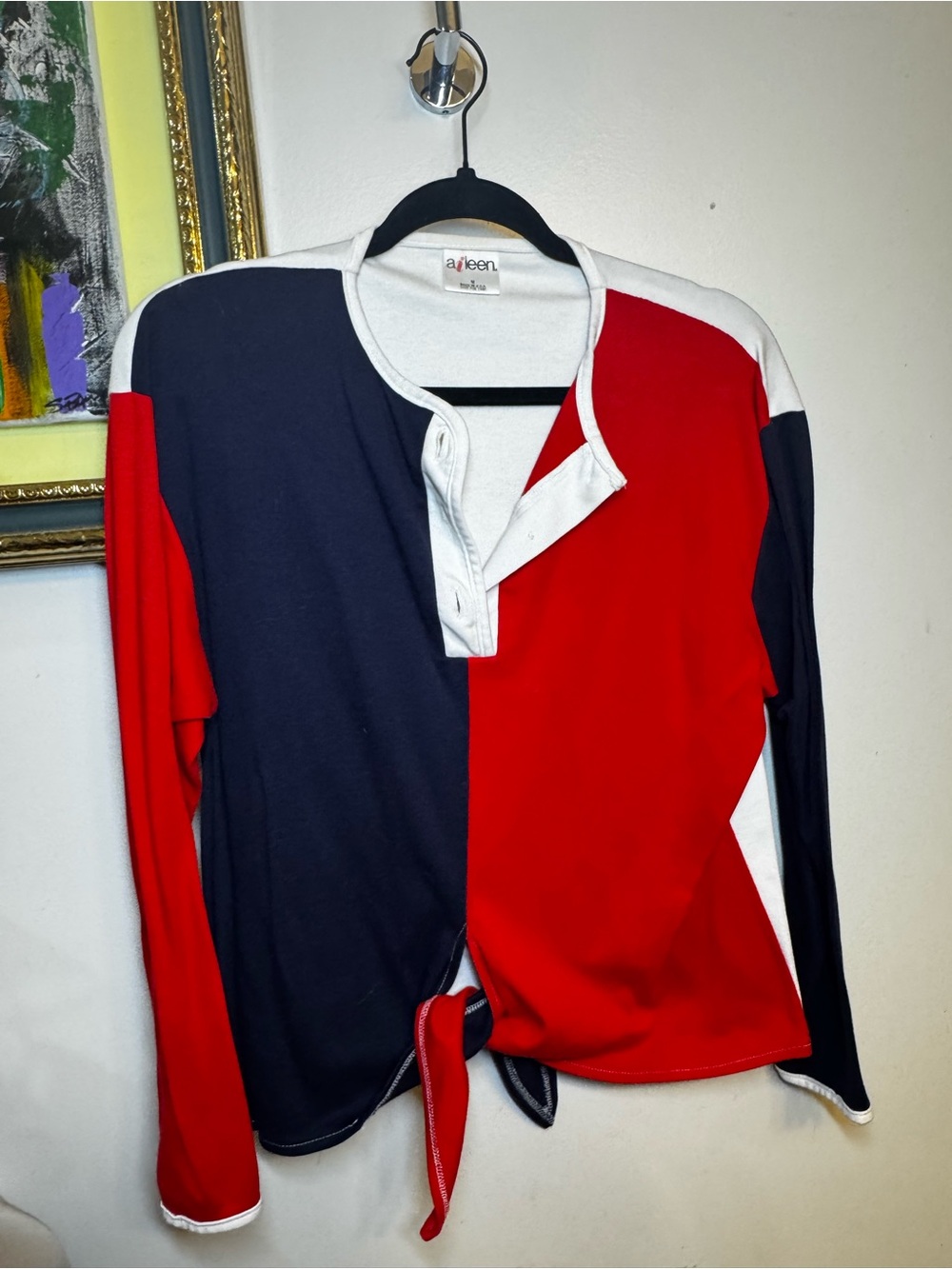 Aileen Colorblock Red, Navy & White Long Sleeve Tie-Front Tee
